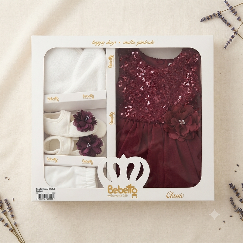 Bebetto Classic Baby Girl Gift Set – 5 Piece Maroon Sequin Party Dress & Newborn Clothing Set