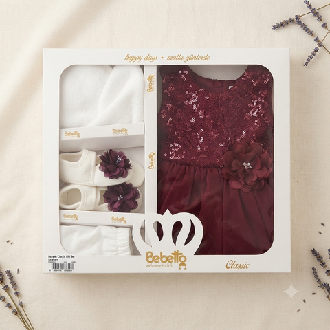 Bebetto Classic Baby Girl Gift Set – 5 Piece Maroon Sequin Party Dress & Newborn Clothing Set