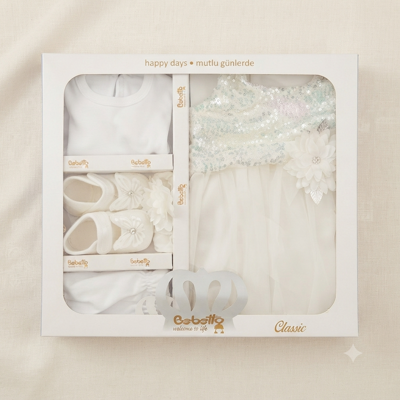 Luxury Baby Girl White Party Dress Gift Set – Premium Sequin Dress with Matching Accessories (0–6 Months)