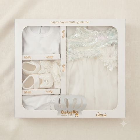 Luxury Baby Girl White Party Dress Gift Set – Premium Sequin Dress with Matching Accessories (0–6 Months)