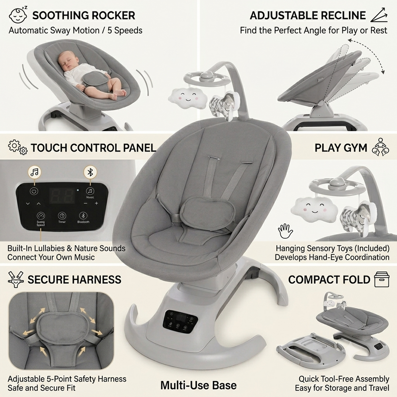 Premium Electric Baby Swing Chair with Bluetooth, Music, Timer & Remote Control | Newborn Infant Rocker | Grey