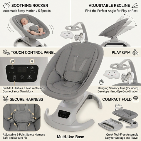Premium Electric Baby Swing Chair with Bluetooth, Music, Timer & Remote Control | Newborn Infant Rocker | Grey