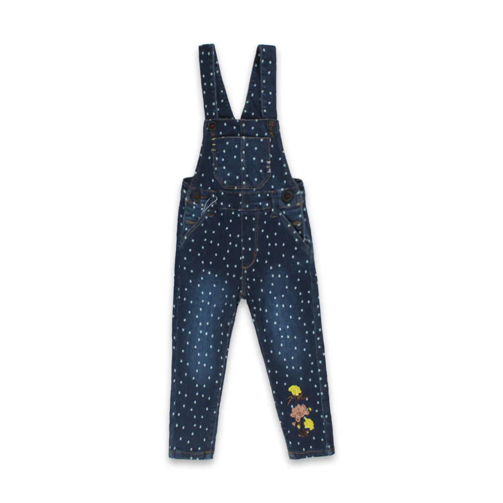Girls Polka Dot Denim Dungarees with Floral Embroidery