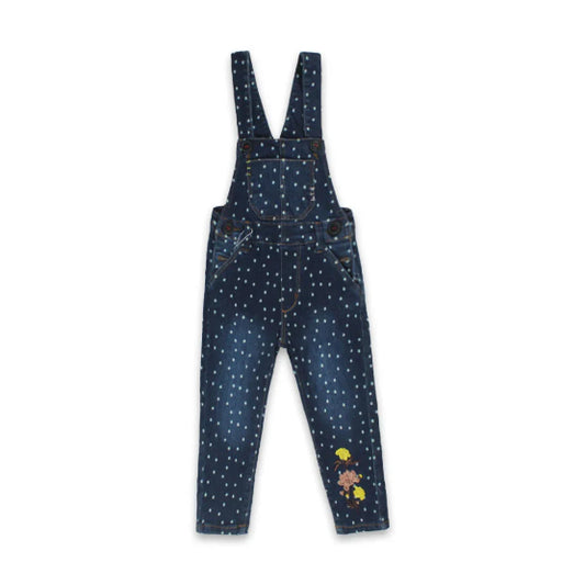 Girls Polka Dot Denim Dungarees with Floral Embroidery