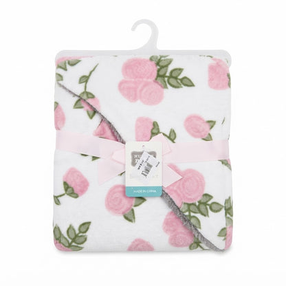Plush Baby Blanket with Pink Rose Floral Print and Pink Ribbon Bow
