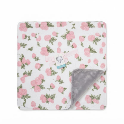 Plush Baby Blanket with Pink Rose Floral Print and Pink Ribbon Bow