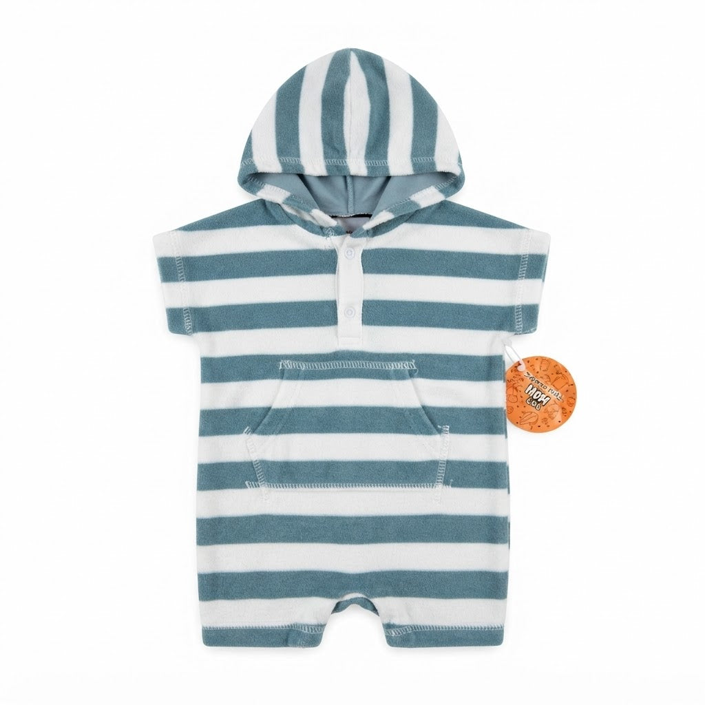 Blue and White Striped Hooded Baby Romper