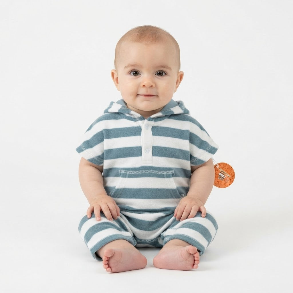 Blue and White Striped Hooded Baby Romper