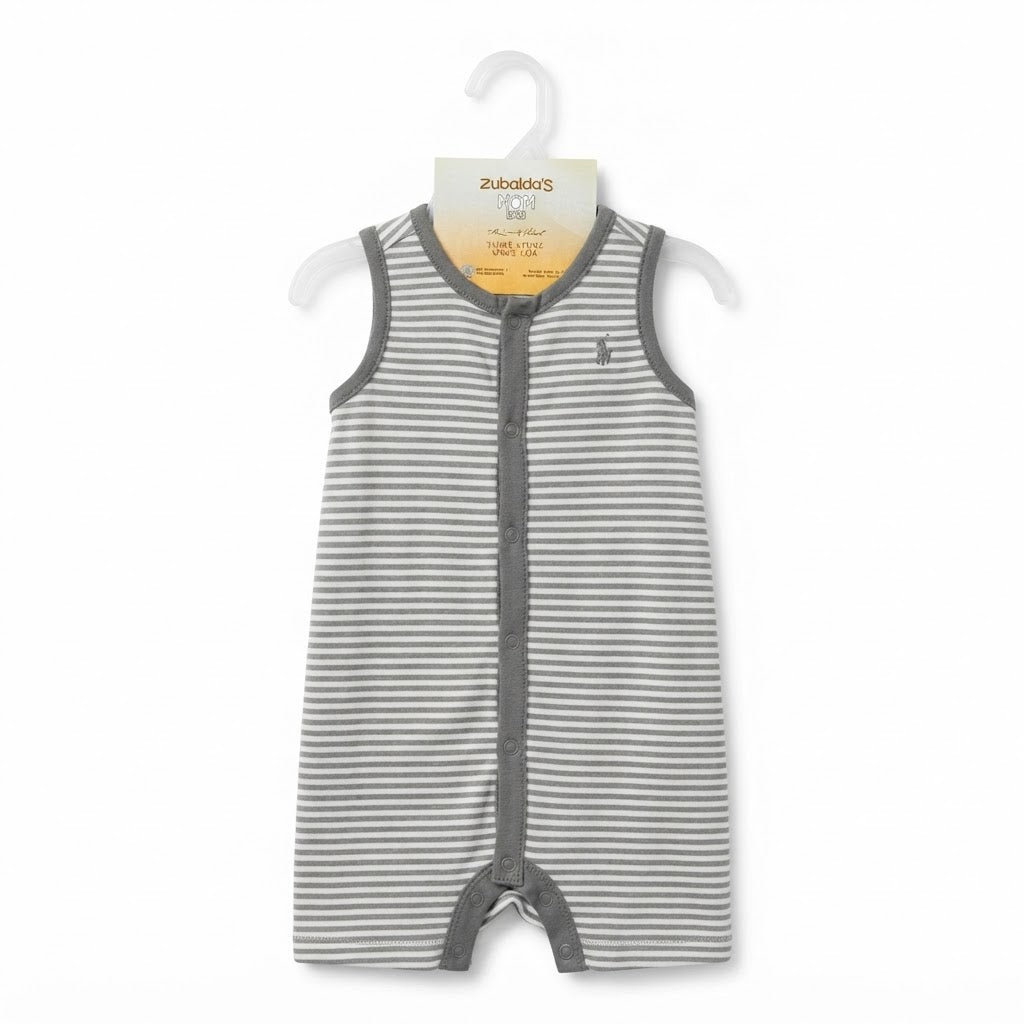 Grey and White Striped Sleeveless Baby Romper