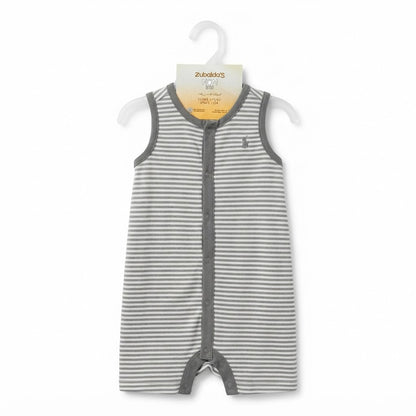 Grey and White Striped Sleeveless Baby Romper