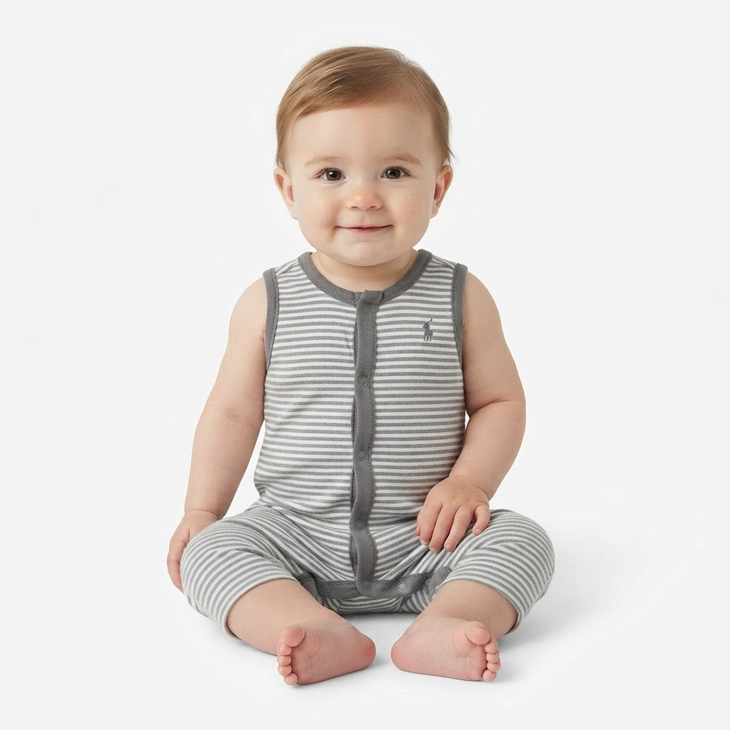 Grey and White Striped Sleeveless Baby Romper