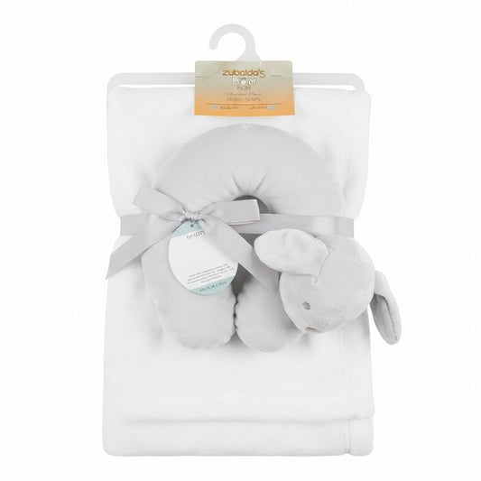 Zubaida's Mom & Kids White Baby Blanket and Bunny Neck Pillow Set