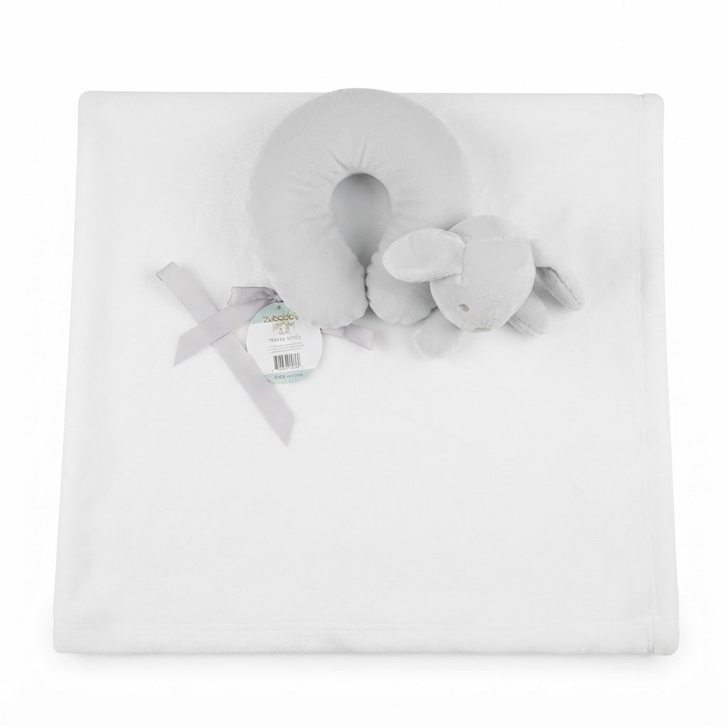 Zubaida's Mom & Kids White Baby Blanket and Bunny Neck Pillow Set