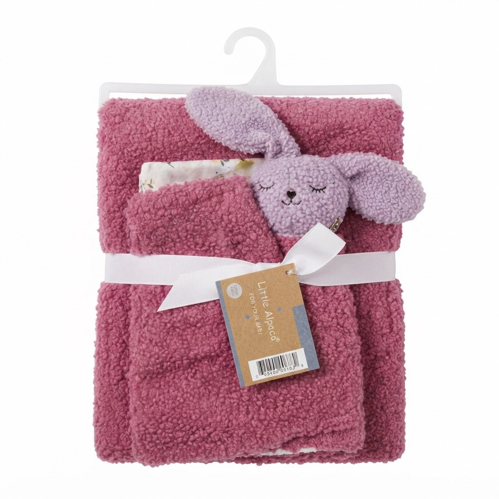 Little Alpaca Dark Pink Sherpa Baby Blanket with Bunny Toy