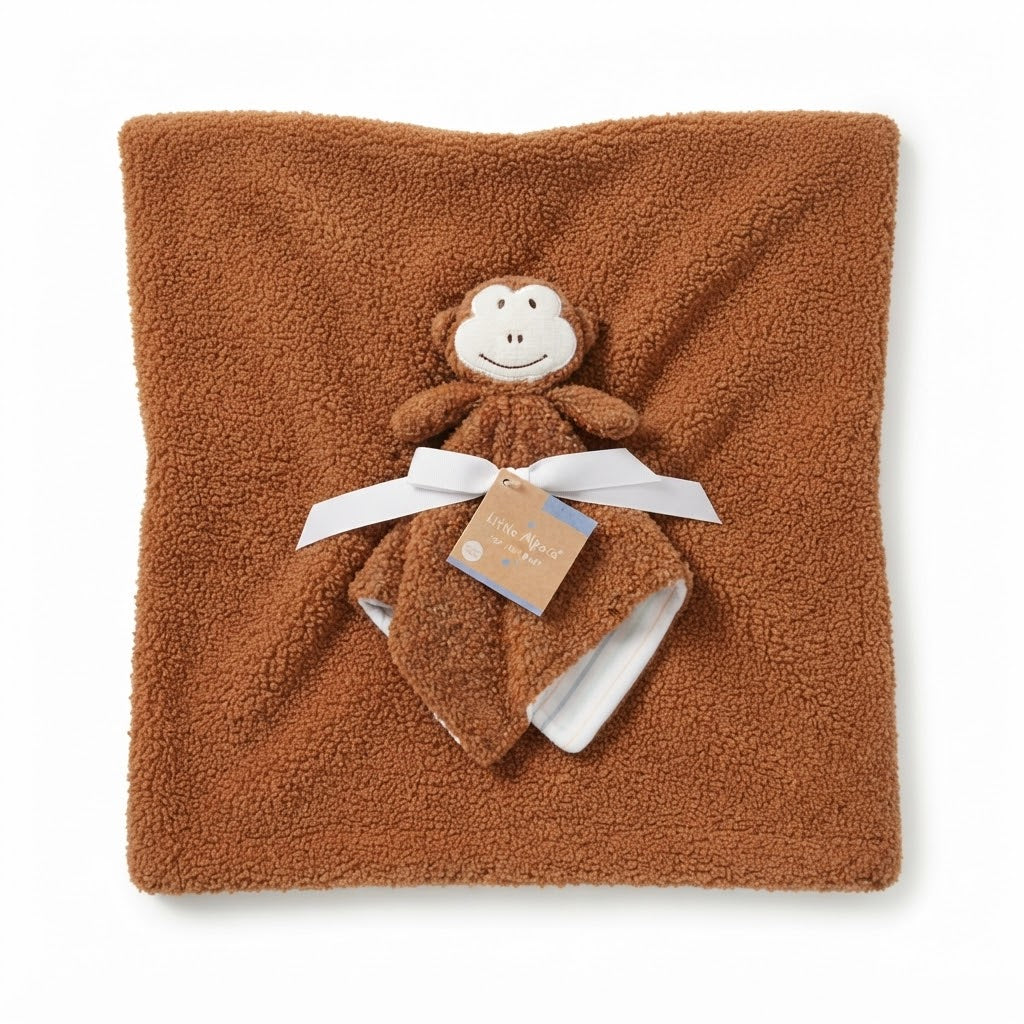 Little Alpaca Brown Sherpa Baby Blanket with Monkey Toy