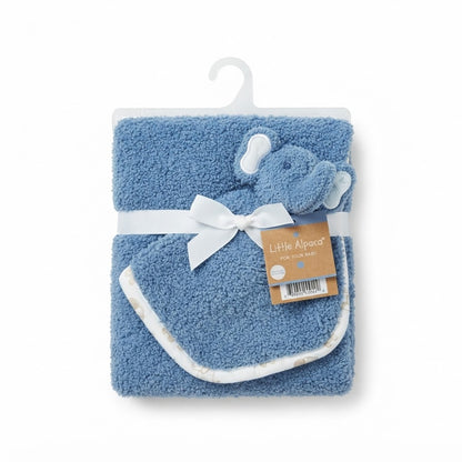 Little Alpaca Blue Sherpa Baby Blanket with Elephant Toy