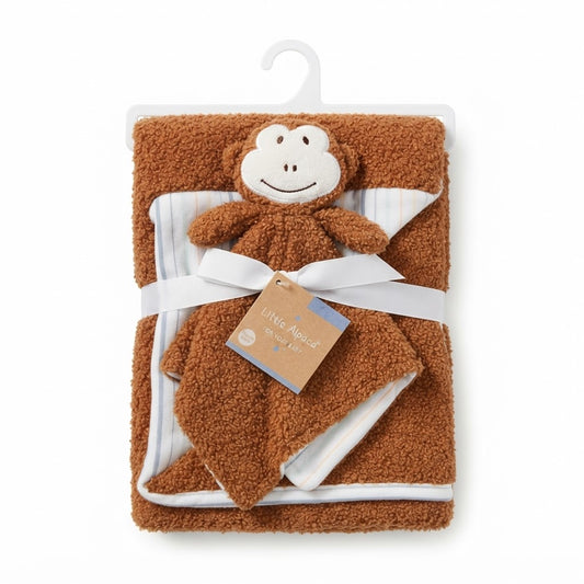 Little Alpaca Brown Sherpa Baby Blanket with Monkey Toy