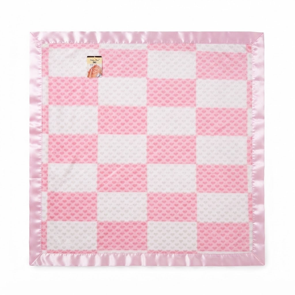 Baby Pink and White Checkered Fleece Blanket with Satin Trim