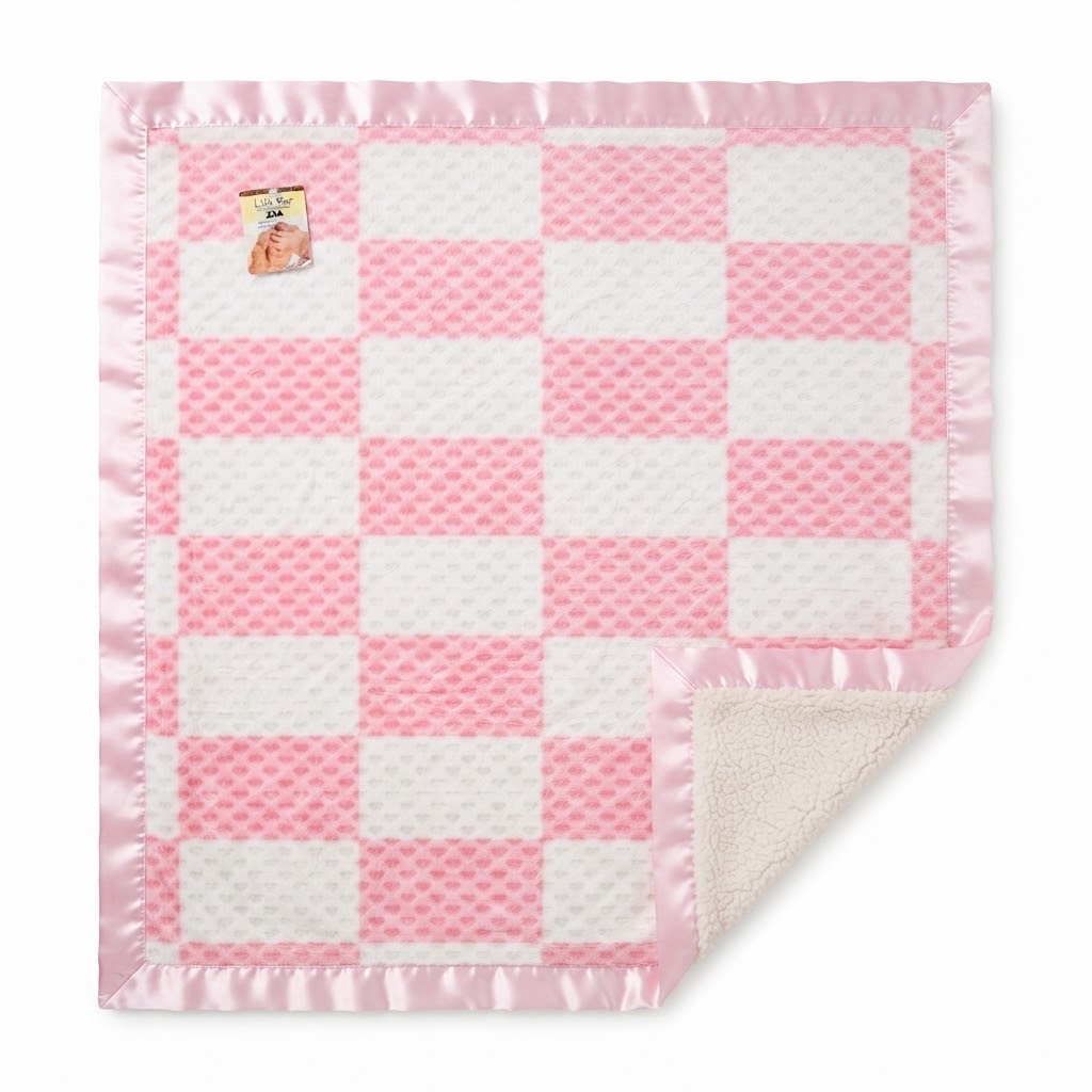 Baby Pink and White Checkered Fleece Blanket with Satin Trim