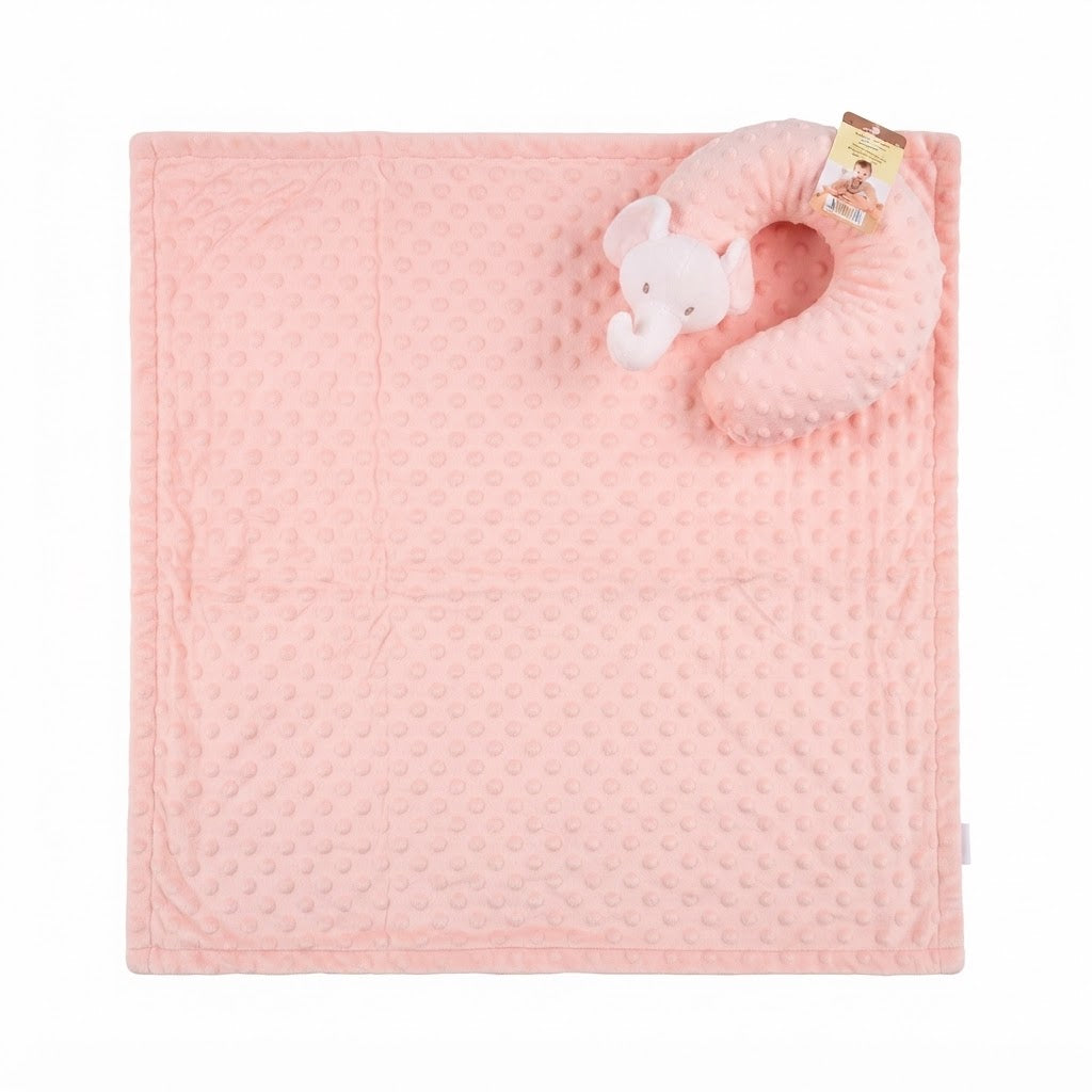 Baby Minky Fleece Blanket and U-Shaped Elephant Neck Pillow Set - Pink