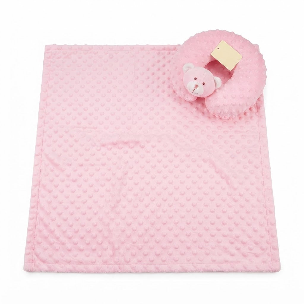 Baby Minky Fleece Blanket and U-Shaped Neck Pillow Set - Pink