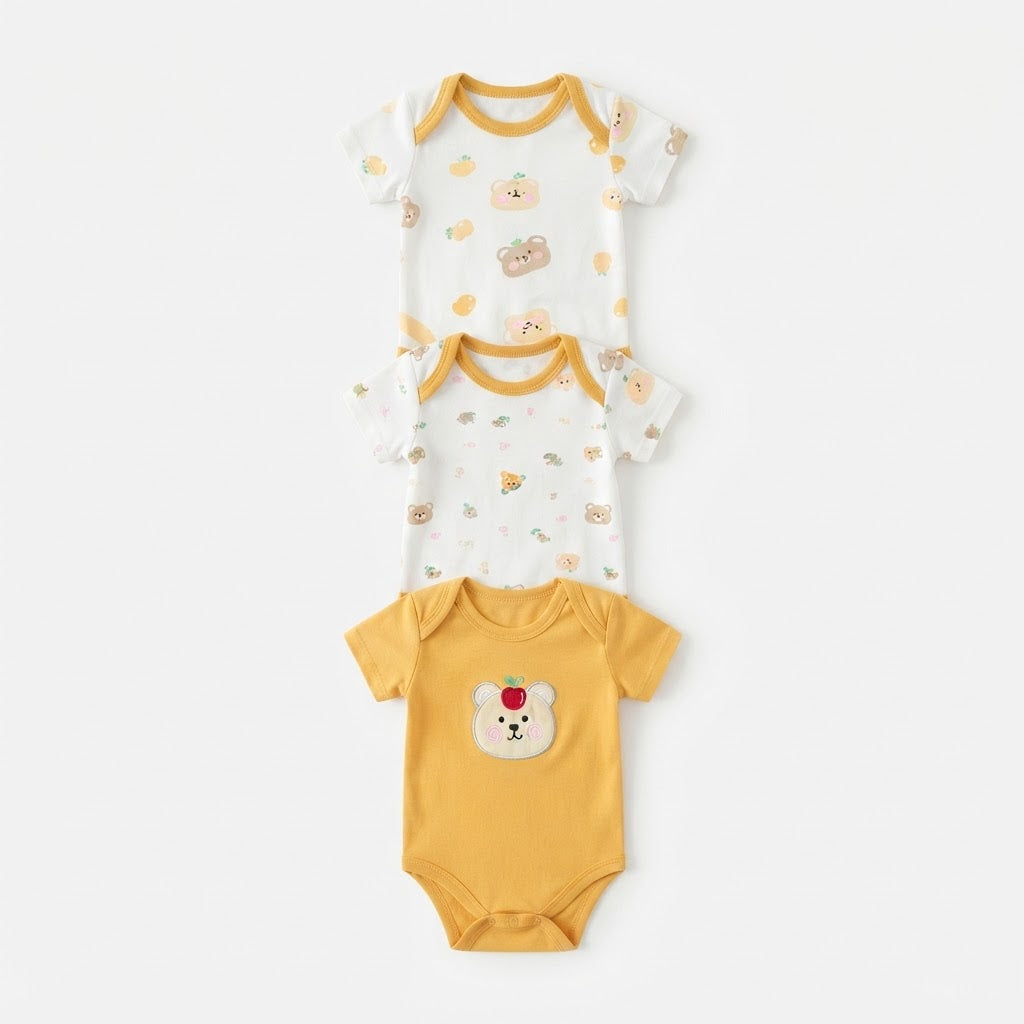 Baby Cotton Short-Sleeve Bear and Fruit Print Bodysuits (3-Piece Pack)