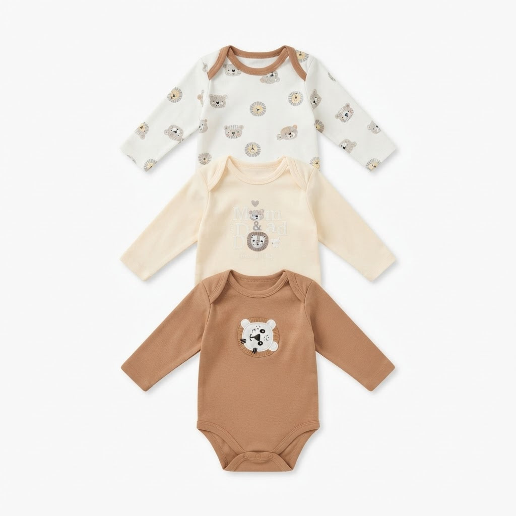 Baby Cotton Full-Sleeve Lion Print Bodysuits (3-Piece Pack)