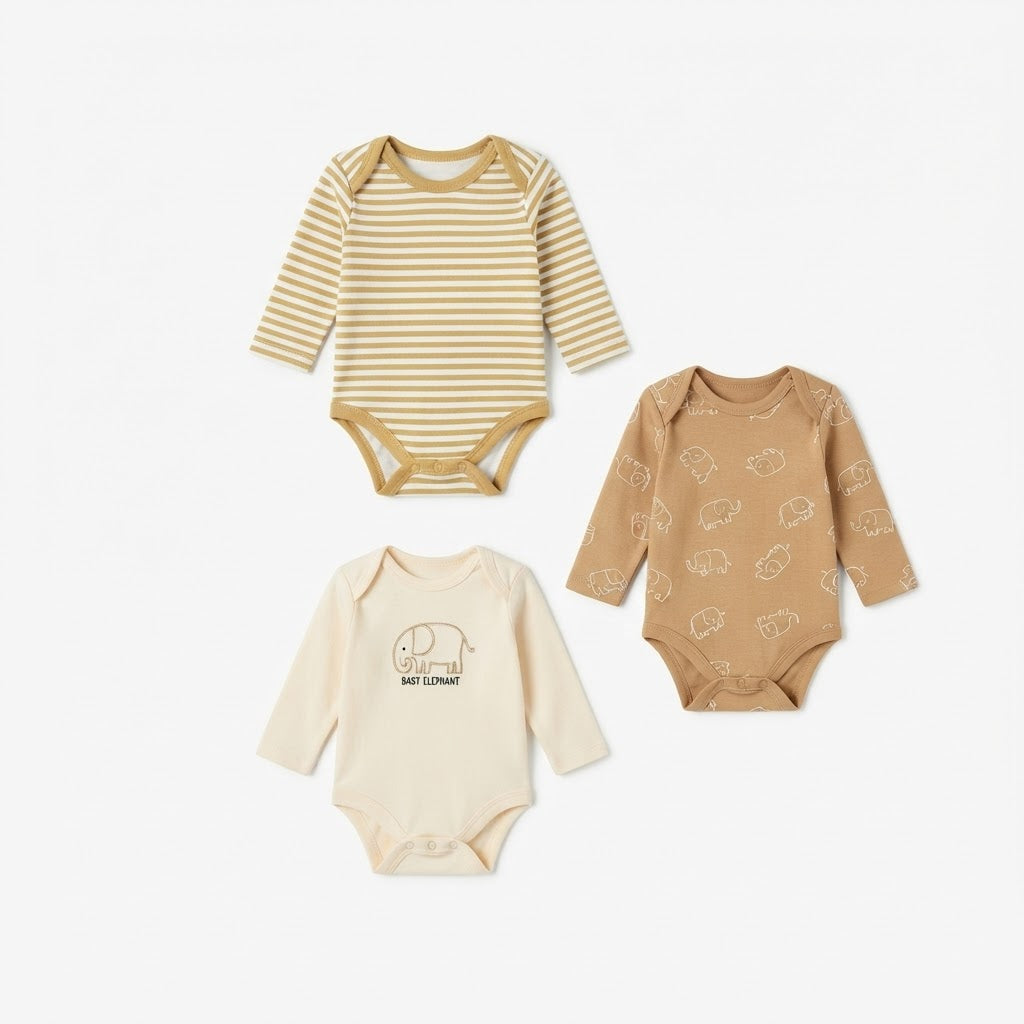 Baby Cotton Full-Sleeve Elephant Print Bodysuits (3-Piece Pack)