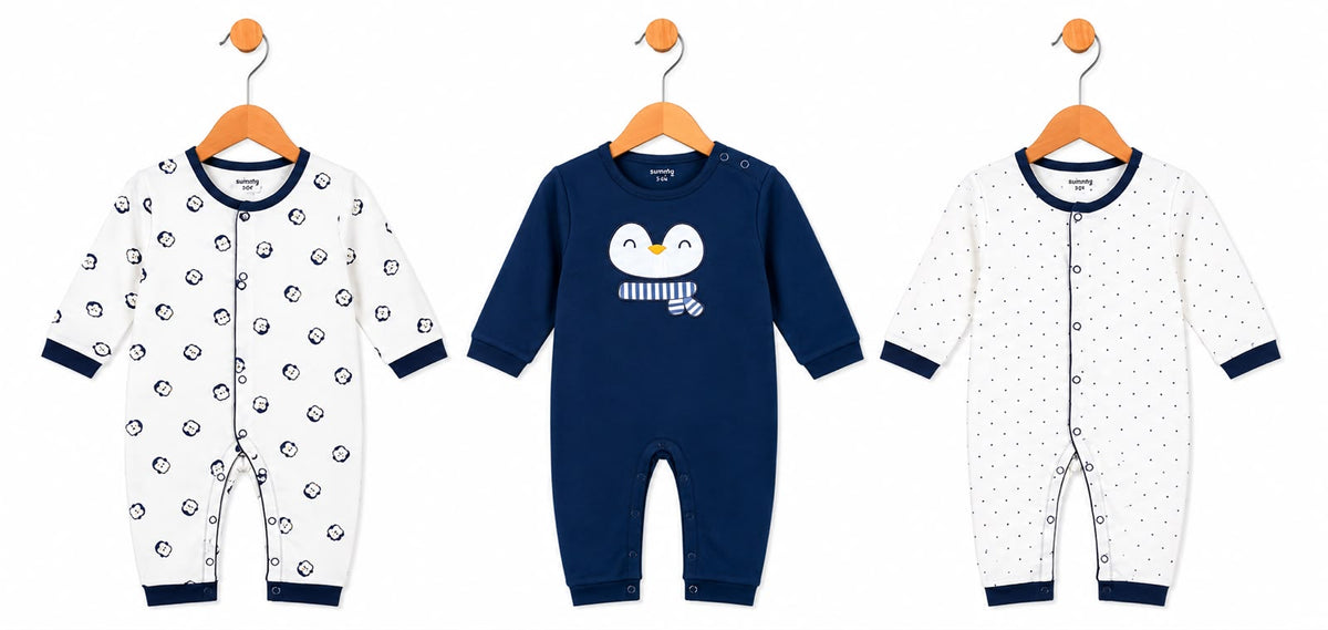 Baby Cotton Full-Sleeve Penguin Print Rompers / Sleepsuits (3-Piece Pack)