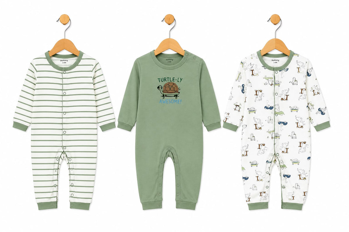 Baby Cotton Full-Sleeve Turtle Print Rompers / Sleepsuits (3-Piece Pack)