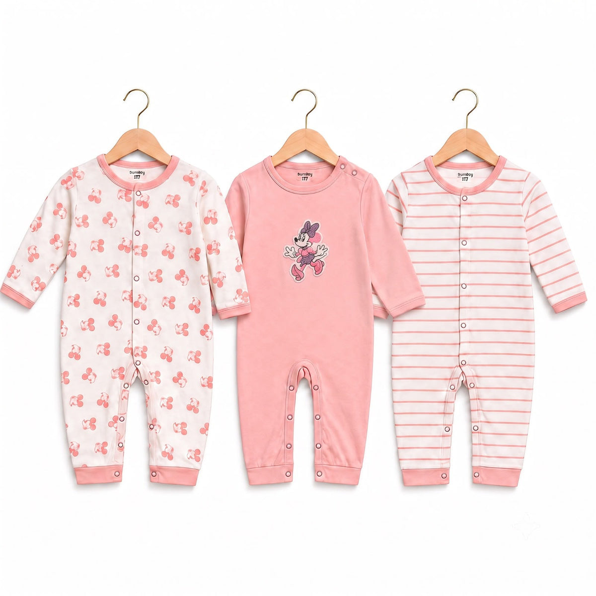 Baby Cotton Full-Sleeve Minnie Mouse & Stripe Rompers / Sleepsuits (3-Piece Pack)