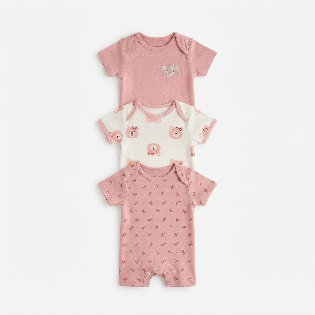 Baby Cotton Short-Sleeve Cute Bear & Bow Print Rompers (3-Piece Pack)
