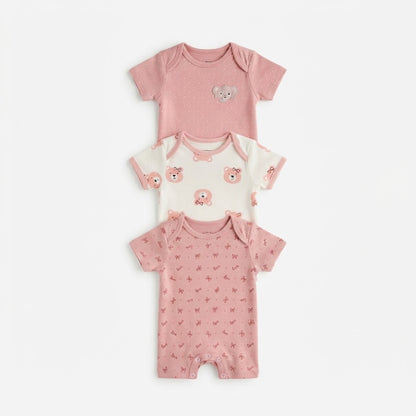Baby Cotton Short-Sleeve Cute Bear & Bow Print Rompers (3-Piece Pack)