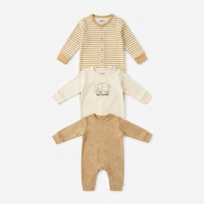 Baby Cotton Full-Sleeve Elephant Print Rompers / Sleepsuits (3-Piece Pack)