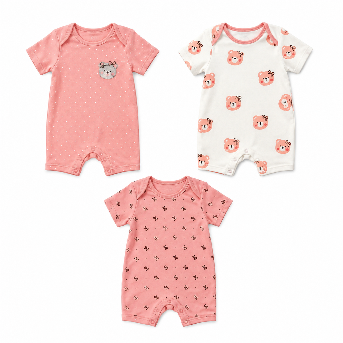 Baby Cotton Short-Sleeve Cute Bear & Bow Print Rompers (3-Piece Pack)