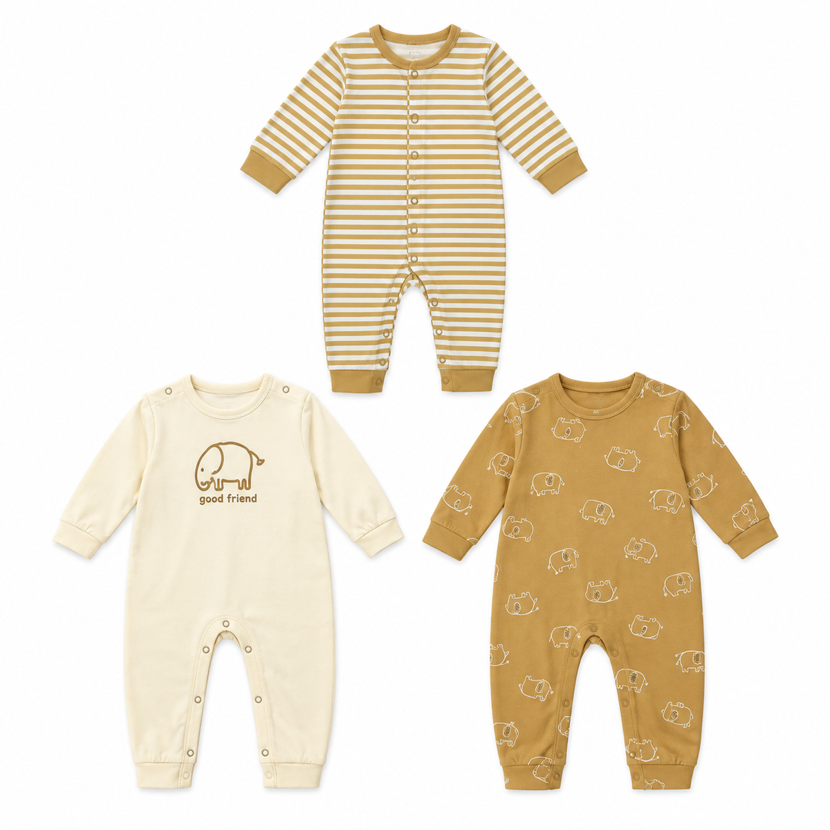 Baby Cotton Full-Sleeve Elephant Print Rompers / Sleepsuits (3-Piece Pack)