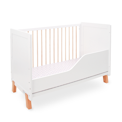 WHITE WOODEN BABY COT – 2-IN-1 CONVERTIBLE WITH MOSQUITO NET