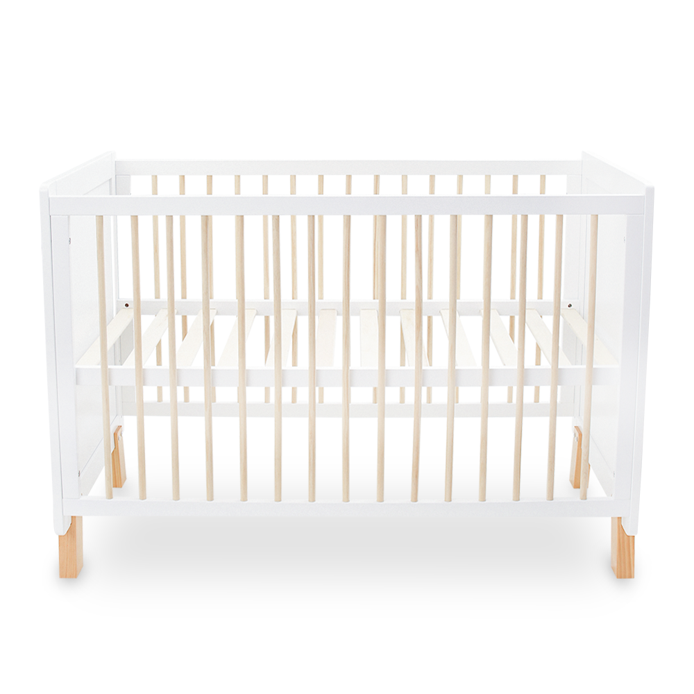 WHITE WOODEN BABY COT – 2-IN-1 CONVERTIBLE WITH MOSQUITO NET