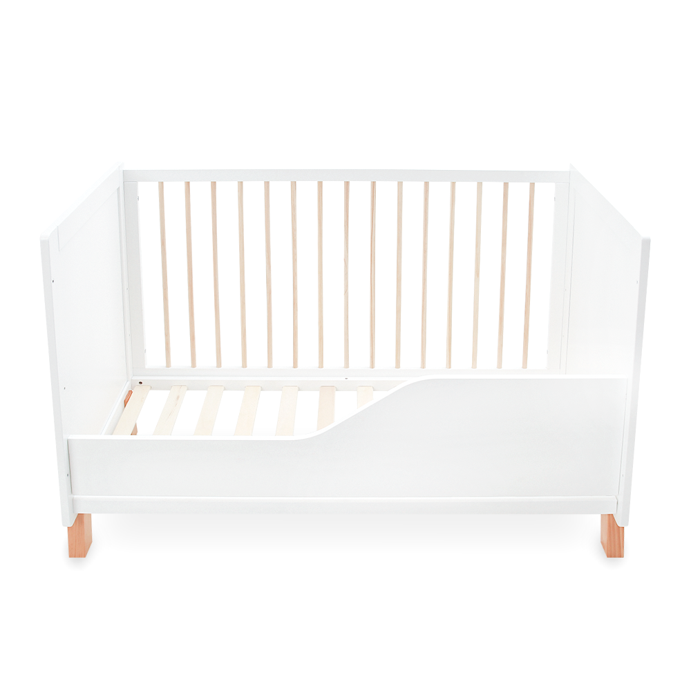 WHITE WOODEN BABY COT – 2-IN-1 CONVERTIBLE WITH MOSQUITO NET