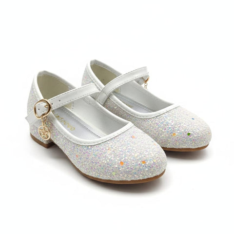 Girls' White Iridescent Glitter Mary Janes with Moon & Star Charm Zubaidas 04000419