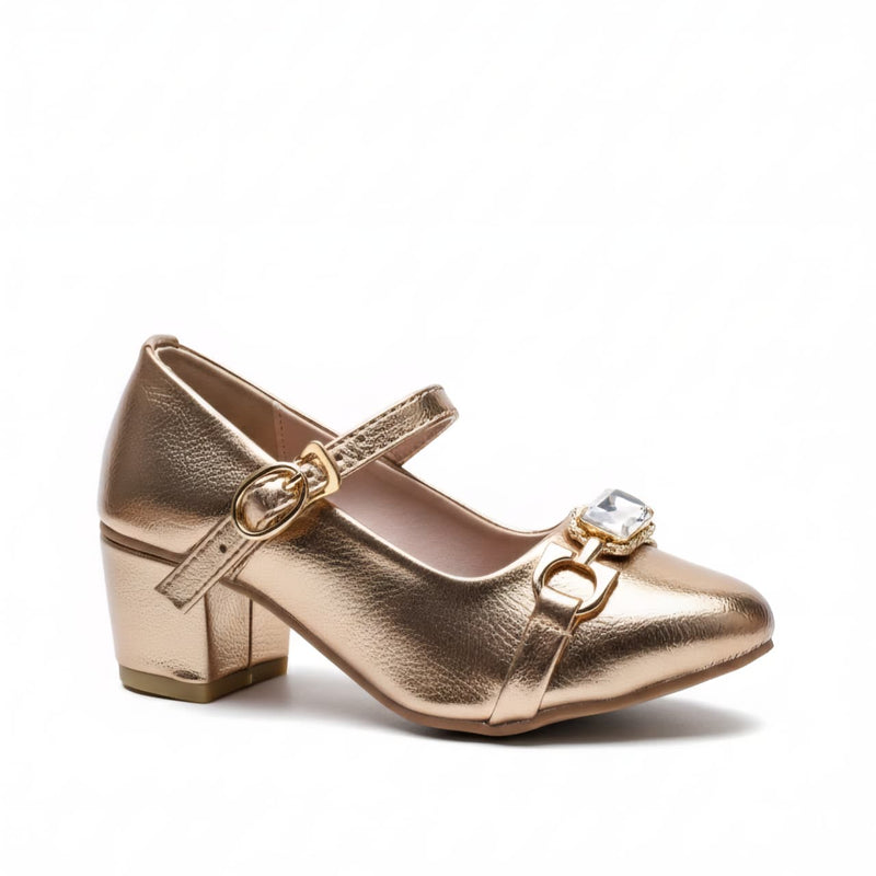 Girls Gold Metallic Block Heel Pumps