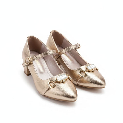 Girls Gold Metallic Block Heel Pumps