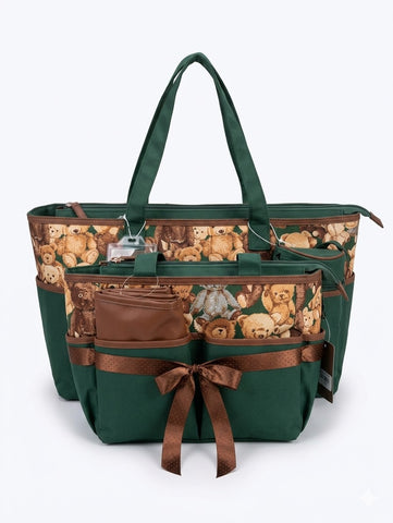 Elegant Teddy Print Baby Diaper Bag Set – Green & Brown