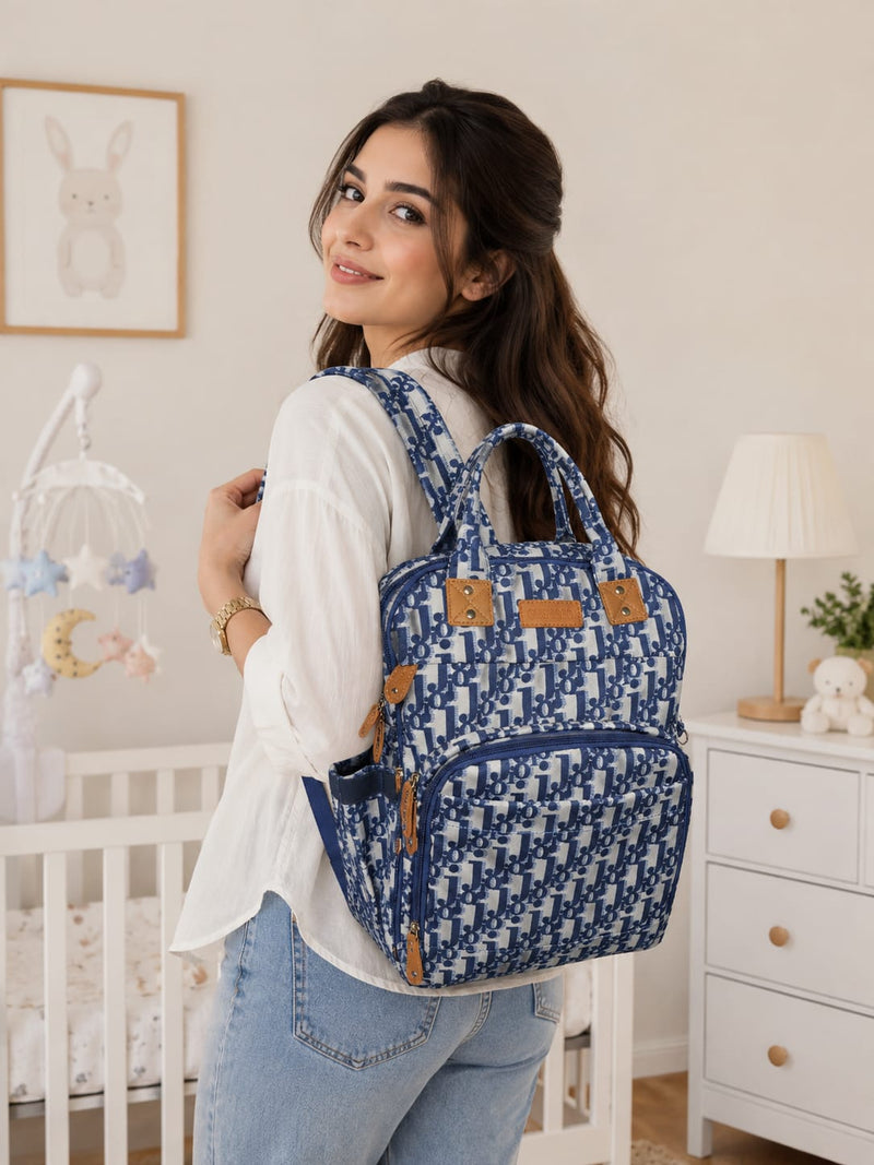 Premium Multi-Pocket Printed Baby Diaper Bag Backpack – Waterproof Maternity Travel Bag with Insulated Bottle Pockets (Blue & White)