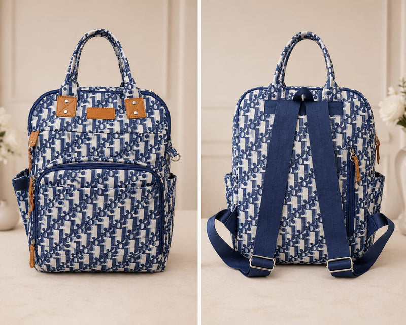 Premium Multi-Pocket Printed Baby Diaper Bag Backpack – Waterproof Maternity Travel Bag with Insulated Bottle Pockets (Blue & White)