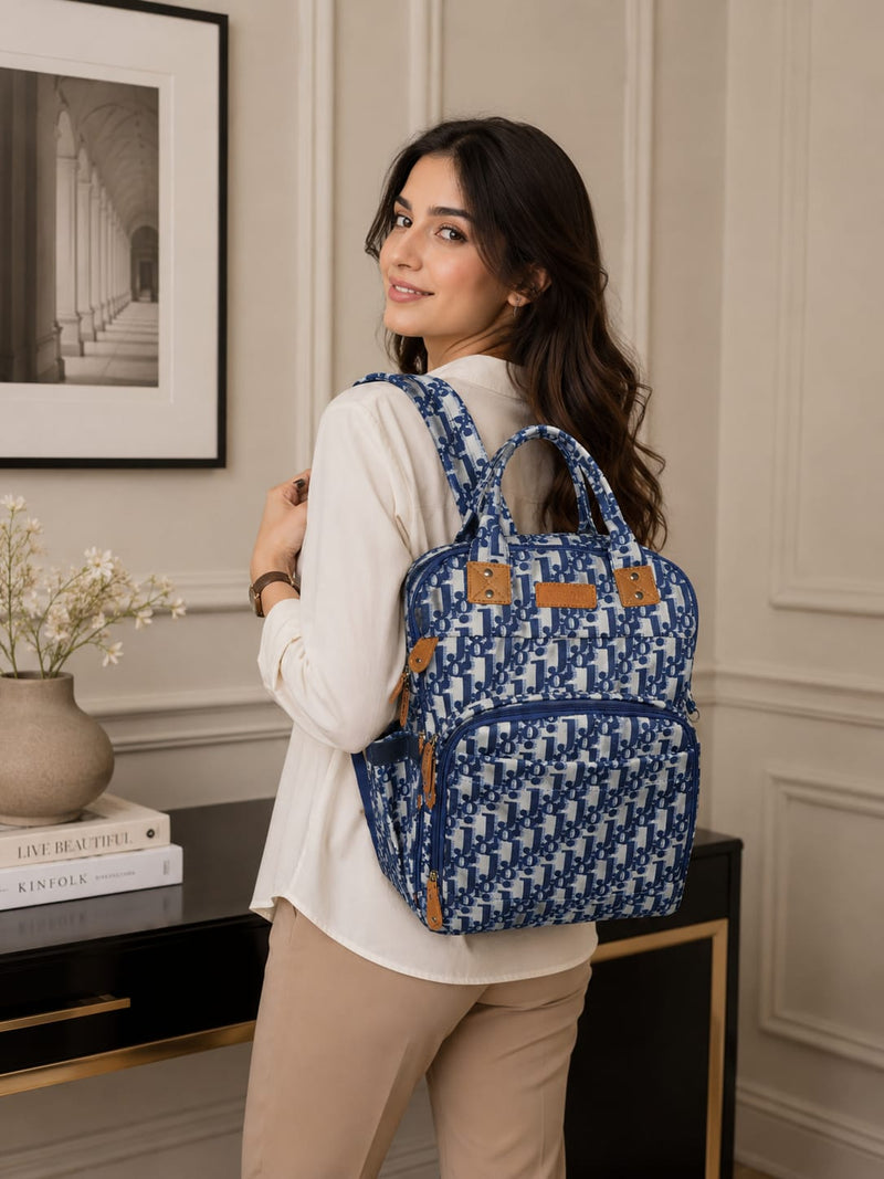 Premium Multi-Pocket Printed Baby Diaper Bag Backpack – Waterproof Maternity Travel Bag with Insulated Bottle Pockets (Blue & White)