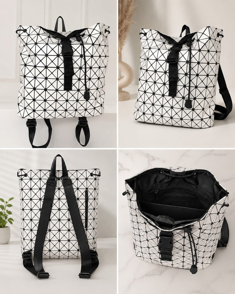 Geometric Foldable White & Black Backpack | Modern Lightweight Travel & Everyday Bag