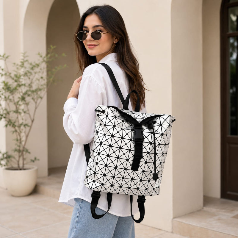 Geometric Foldable White & Black Backpack | Modern Lightweight Travel & Everyday Bag