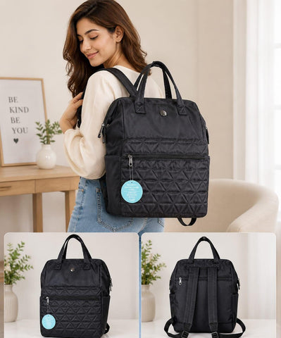Premium Black Quilted Baby Diaper Backpack | Multi-Function Waterproof Maternity Bag with Insulated Bottle Pocket