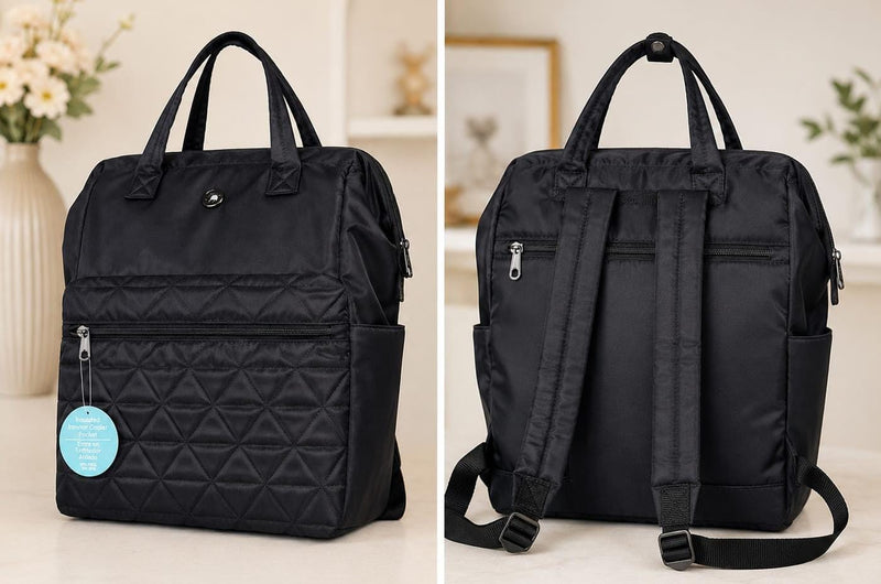 Premium Black Quilted Baby Diaper Backpack | Multi-Function Waterproof Maternity Bag with Insulated Bottle Pocket